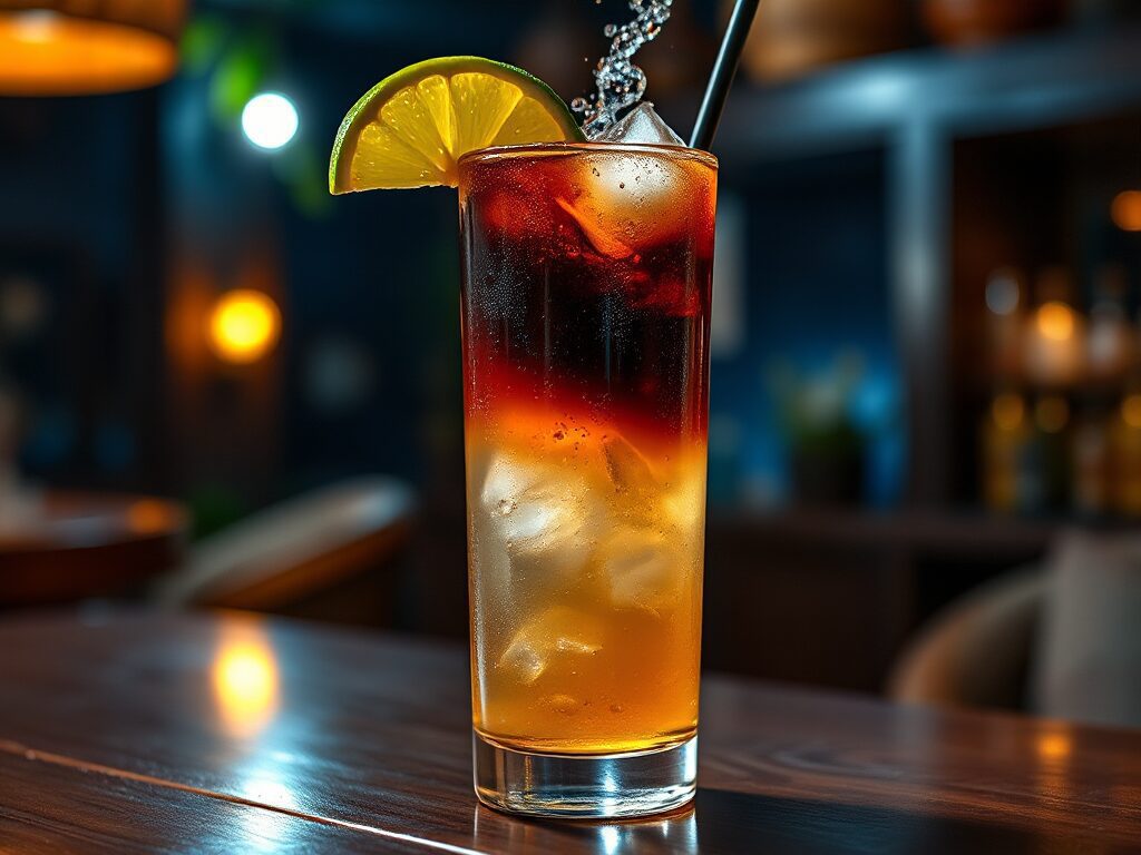 Imagine a highball glass filled with a Dark and Stormy cocktail, a classic and visually striking drink. The glass is tall and clear, showcasing the distinct layers of the cocktail. At the bottom, there's a base of golden ginger beer, its bubbles rising gently to the surface. Floating above the ginger beer, almost as if by magic, is a layer of rich, dark rum, creating a dramatic contrast between the light and dark liquids. A wedge of fresh lime sits on the rim of the glass, adding a splash of color and a hint of tartness to the scene. The glass is beaded with condensation, giving it a refreshing and inviting look. A stirring stick or a straw is casually placed in the drink, ready for someone to mix the flavors together. In the background, you can almost sense the atmosphere of a tropical beach bar, with dim lighting, wooden décor, and the faint sound of waves crashing in the distance. The drink captures the essence of a stormy night in the tropics, both visually and in flavor.