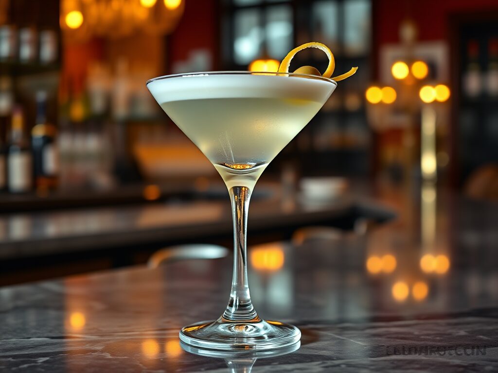 A fine and exquisite Martini cocktail, elegantly depicted with its perfect balance of gin, dry vermouth, and a lustrous olive or lemon twist. The glass is adorned with a luxurious frosting, sitting atop a marble surface. The Martini radiates sophistication and quality, captured in stunning detail and surrounded by the ambiance of a high-class bar during golden hour with soft, warm lighting.
