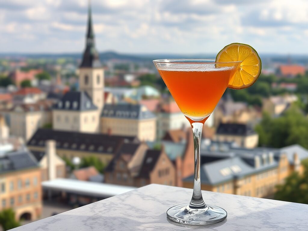 cocktail and in the background the city of Wiesbaden, Hessen, Germany