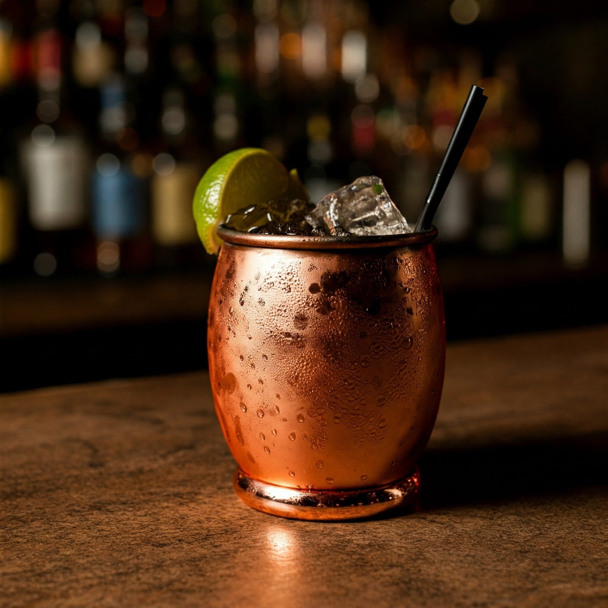 Gemini_Generated_Manhattan Erfrischender Moscow Mule Cocktail im gekühlten Kupferbecher mit Crushed Ice, Limette und frischer Minze auf rustikalem Holztisch.