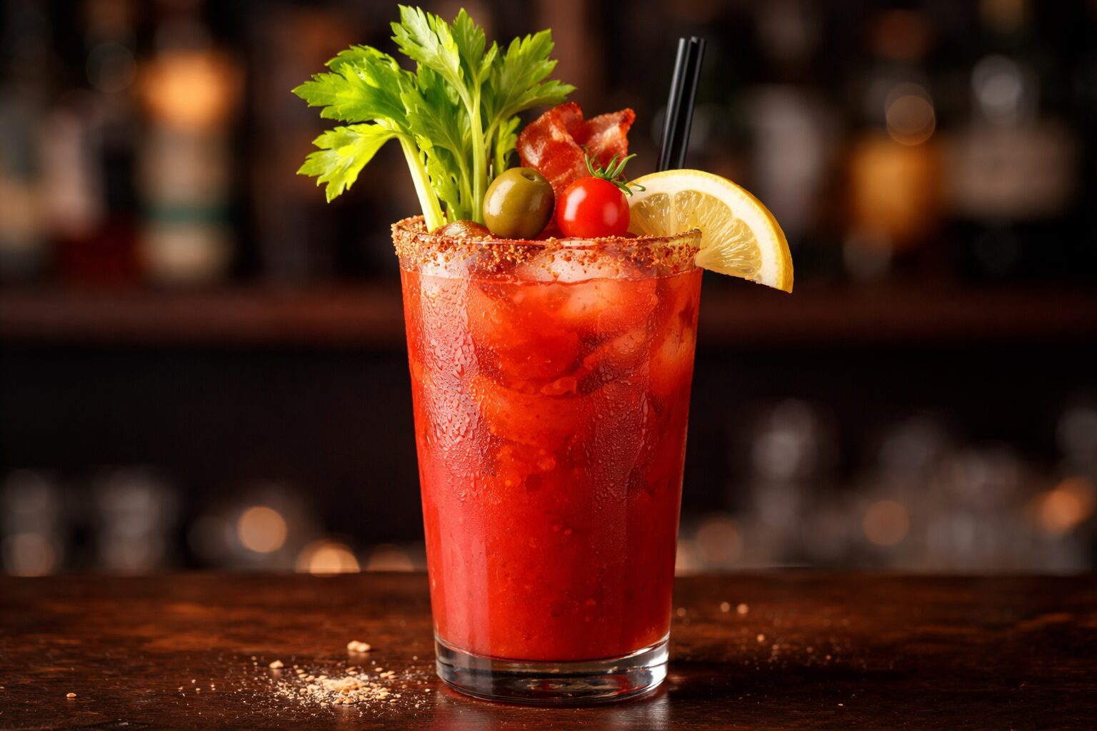 bloody-mary-cocktail-mit-sellerie-zitrone-olive Klassischer Bloody Mary Cocktail im Glas, garniert mit Selleriestange, Zitrone, Olive und Speck, serviert auf einer Bar.