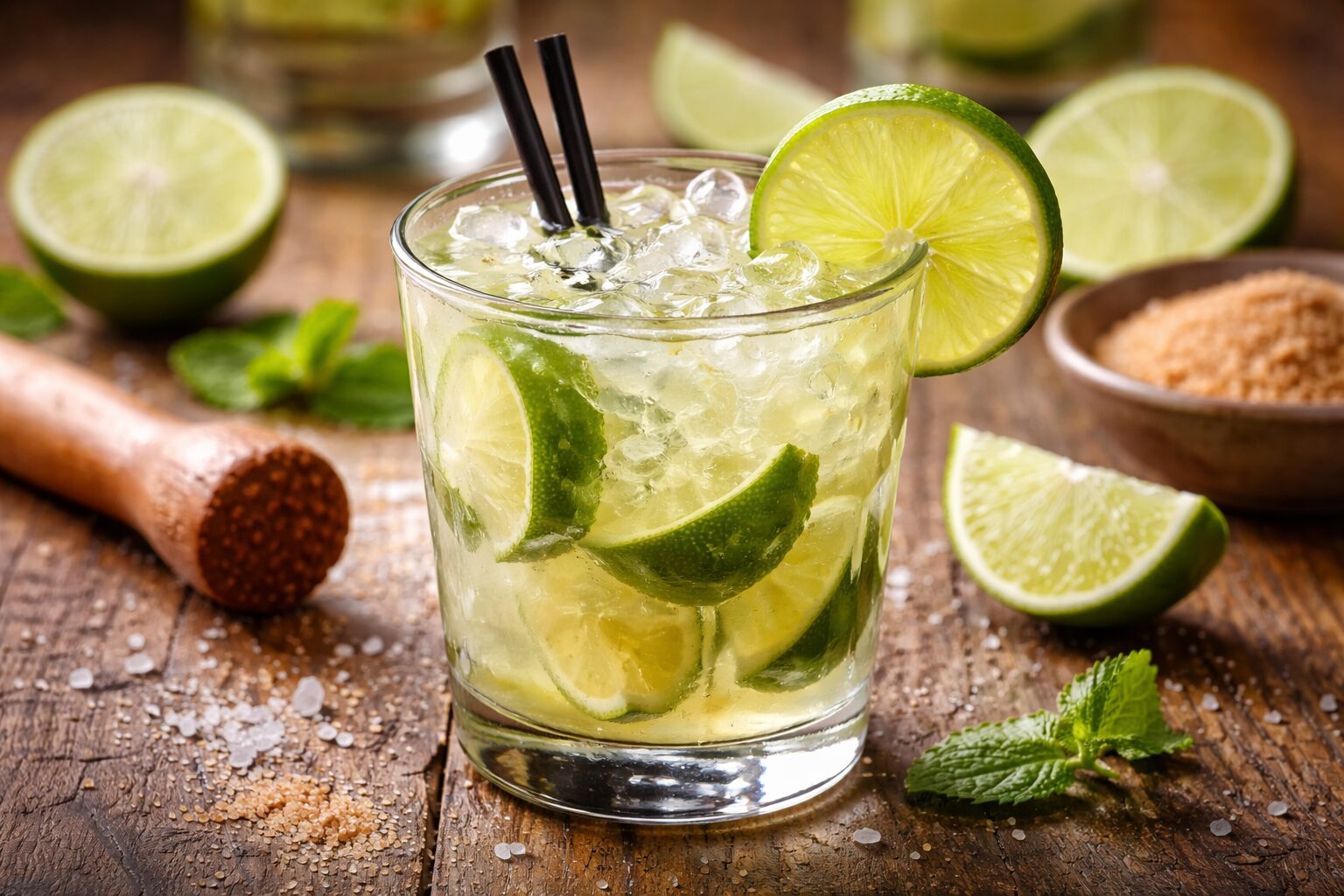 caipirinha-cocktail-mit-limette-eis-und-rohrzucker Frische Caipirinha im Glas mit zerstoßenem Eis, Limettenspalten, Rohrzucker und Minze auf rustikalem Holztisch