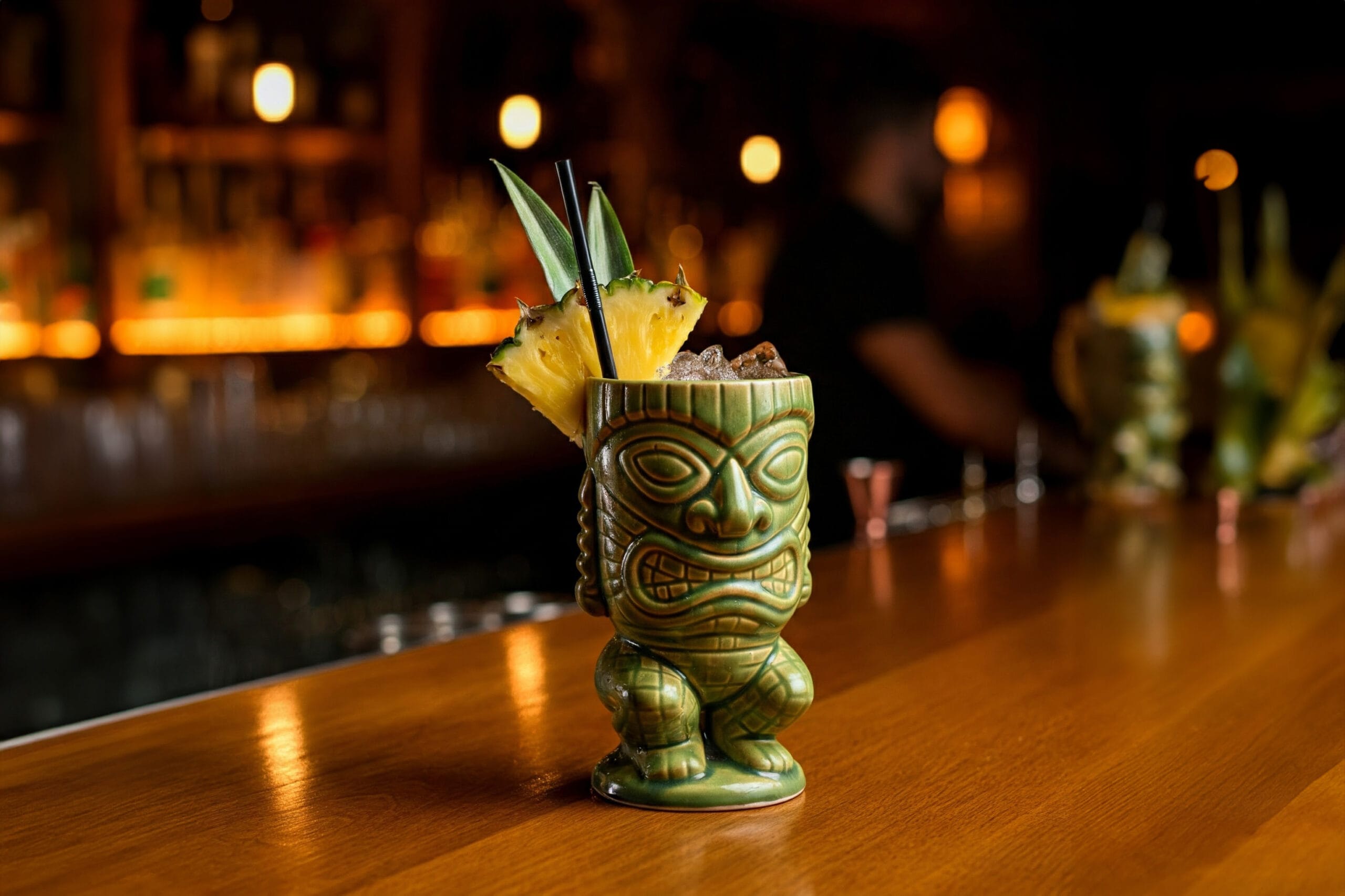 Exotischer Mai Tai Cocktail im detailreichen Tiki-Becher mit Crushed Ice, Ananasstück, Minze und Cocktailkirsche auf Holztisch